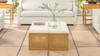 Nina 18" Cane Webbing Cube Ottoman, Ivory White Bouclé & Caramel Tan Brown Rubber Wood