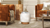 Tilly 16.5" Round Fur Upholstered & Burl Pouf Ottoman, Cottontail White