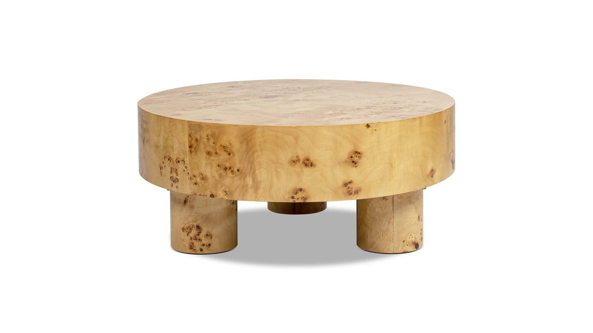 Nebula 35.5" Burl Wood Round Pillar Leg Coffee Table, Warm Natural Brown