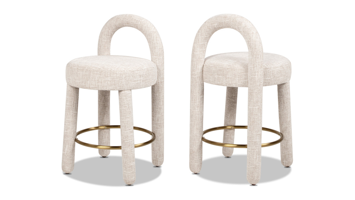 Penny Round Arched Fully Upholstered Counter Stool, Set of 2, Travertine Beige