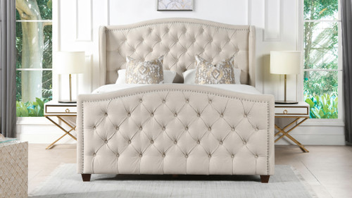 Marcella Upholstered Shelter Headboard Bed Set, Queen, Sky Neutral Beige