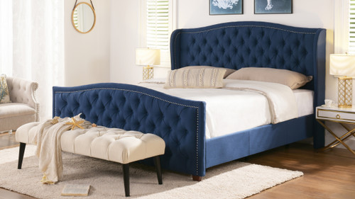 Marcella Upholstered Shelter Headboard Bed Set, King, Dark Sapphire Blue