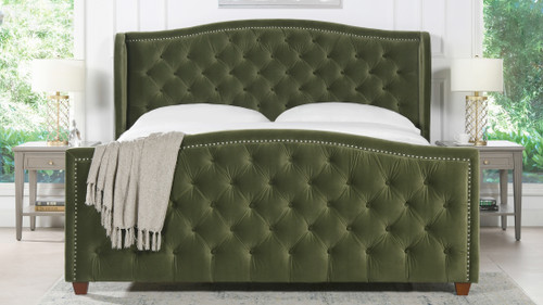 Marcella Upholstered Shelter Headboard Bed Set, King, Olive Green
