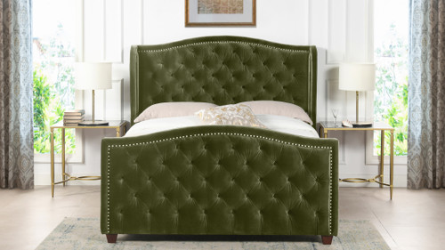 Marcella Upholstered Shelter Headboard Bed Set, Queen, Olive Green