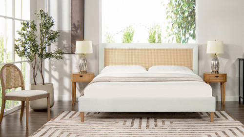 Haley Upholstered Cane-Back Platform Bed, King, Snow White