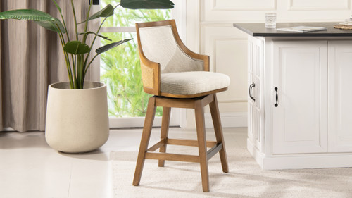 Bahama 26" Cane Rattan High-Back Swivel Counter Stool with Recessed Arms, Taupe Beige