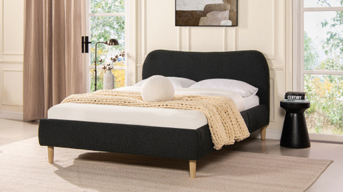 Roman Curved Headboard Upholstered Platform Bed, Queen, Ebony Black Bouclé