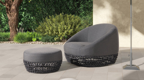 Willow 25" Round Sunbrella® Upholstered Woven Patio Ottoman, Graphite Gray-Black