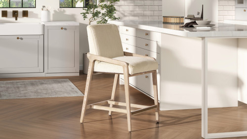 Arizona 25.5" Solid Ash Wood Upholstered Counter Stool with Rope Detail, Crème de la Crème White