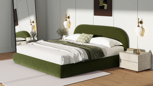 Archie Puffy Grounded Upholstered Platform Bed, King, Olive Green