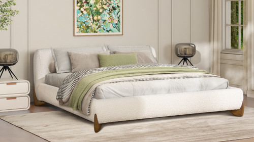 Alpine Puffy Modern Platform Bed, King, Ivory White Bouclé