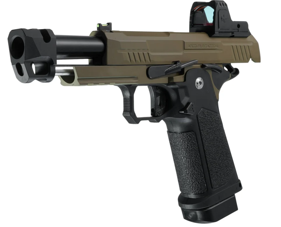 ARCTURUS Vanguard 4.3" Hi-Capa GBB Pistol w/ Optics Ready Slide & Compensator & ARS-1 Red Dot Combo BLK-TAN