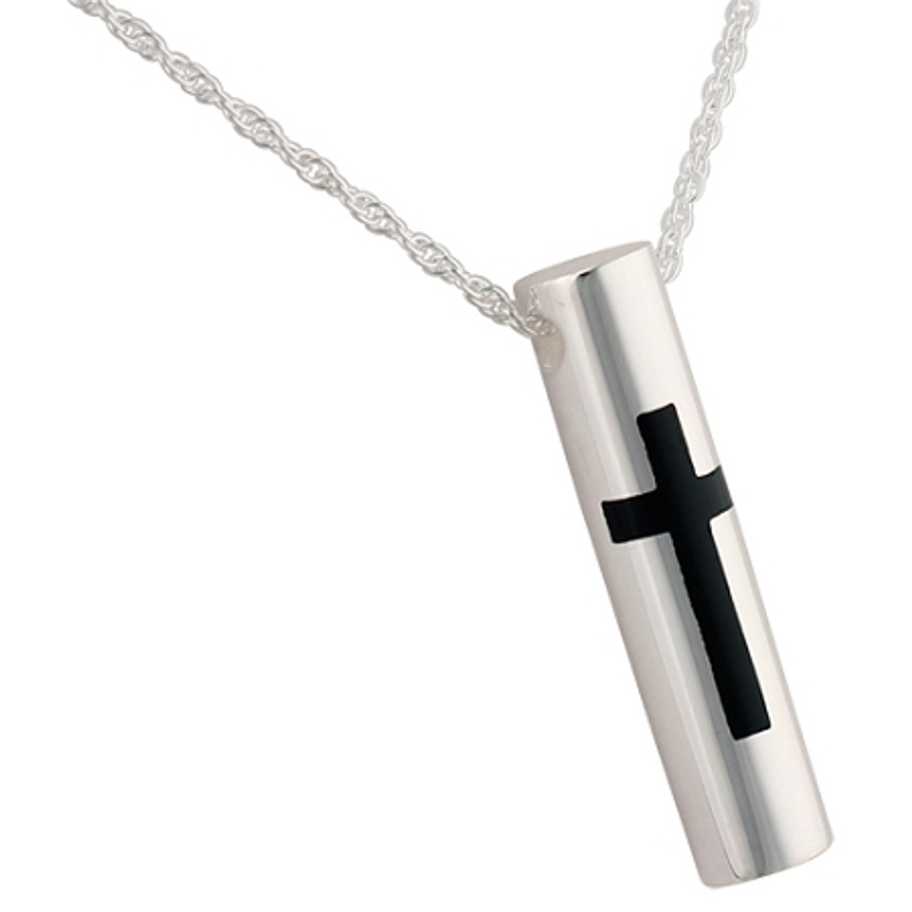 Cylinder with Black Cross Pendant and Necklace for Cremation Ashes