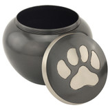 Paw Print Round Pet Urn in Gray Large With Lid Removed