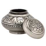 Leaves of Silver Round Keepsake Urn Shown With Lid Removed