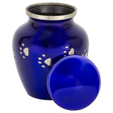 Blue with Silver Paw Prints Pet Urn - Small - Shown with Lid Off