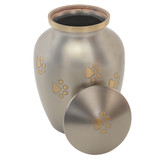 Pewter with Gold Paw Prints Pet Urn - Medium - Shown with Lid Off