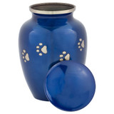 Blue with Silver Paw Prints Urn Large - Shown with Lid Off