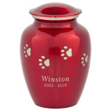 Sample Engraving on Red with Silver Paw Prints Pet Urn