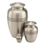 Classic Three Bands Pewter Extra Small Urn Shown with Keepsake and Adult Size Urn