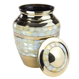 Mother of Pearl Double Band Brass Urn - Shown with Lid Off