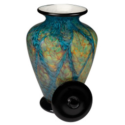 Peacock Hand Blown Glass Urn - Shown with Lid Off