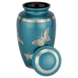 Classic Engraved Butterfly Urn in Blue - Shown with Lid Off