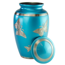 Classic Engraved Butterfly Urn in Blue with Lid Off