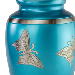 Classic Engraved Butterfly Urn in Blue - Close Up