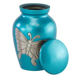 Classic Butterfly Keepsake Urn in Blue - Shown with Lid Off