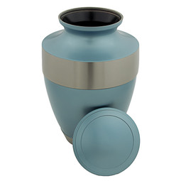Adria Blue Cremation Urn with Silver Band - Shown with Lid Off
