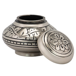 Leaves of Silver Round Keepsake Urn Shown With Lid Removed