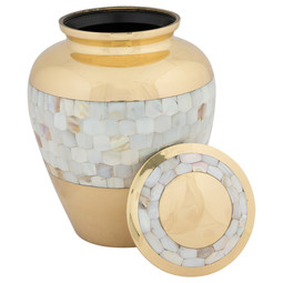 Mother of Pearl Wide Band Brass Urn - Shown with Lid Off