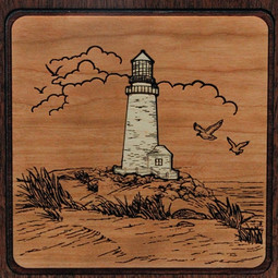 Lighthouse Scene Wood Cremation Urn - Close Up