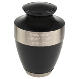 Adria Black Cremation Urn with Wide Silver Band with Optional Engraving Sample