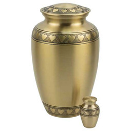 Band Of Hearts Gold Keepsake Urn - Shown with Matching Adult Size Urn - Sold Separately