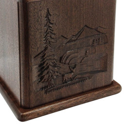 In the Woods Carved Wood Cremation Urn - Close Up Detail Shown