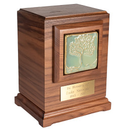 Tree of Life Wooden Urn with Handmade Tile Shown with Optional Engraved Name Plate