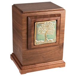 Tree of Life Wooden Urn with Handmade Tile