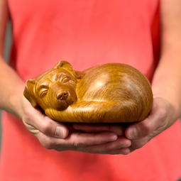 Sleeping Dog Pet Urn in a Person's Hands