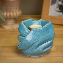 Inner Light Ceramic Tealight Urn Blue on a Table