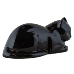 Ceramic Cat Urn for Ashes Glossy Black - View of Back and Side