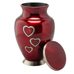 Loving Hearts Brass Cremation Urn - Small Shown with Lid Removed
