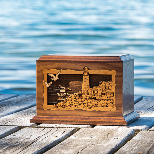 Lighthouse Inlay Wood Cremation Urn | Wooden Urns | Stardust Memorials | Memorials for Your Loved One | Urns for Ashes | Cremation Urns