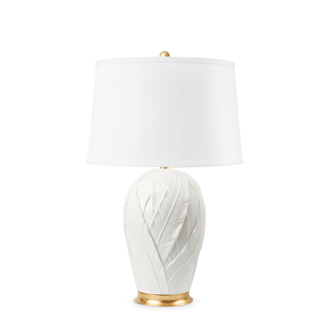 Tobacco Leaf Lamp with Shade 17-inch White Linen, with Gold, Blanc de Chine