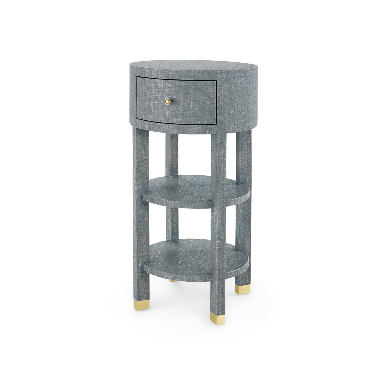 Claudette 1-Drawer Round Side Table, Washed Winter Gray, Brass
