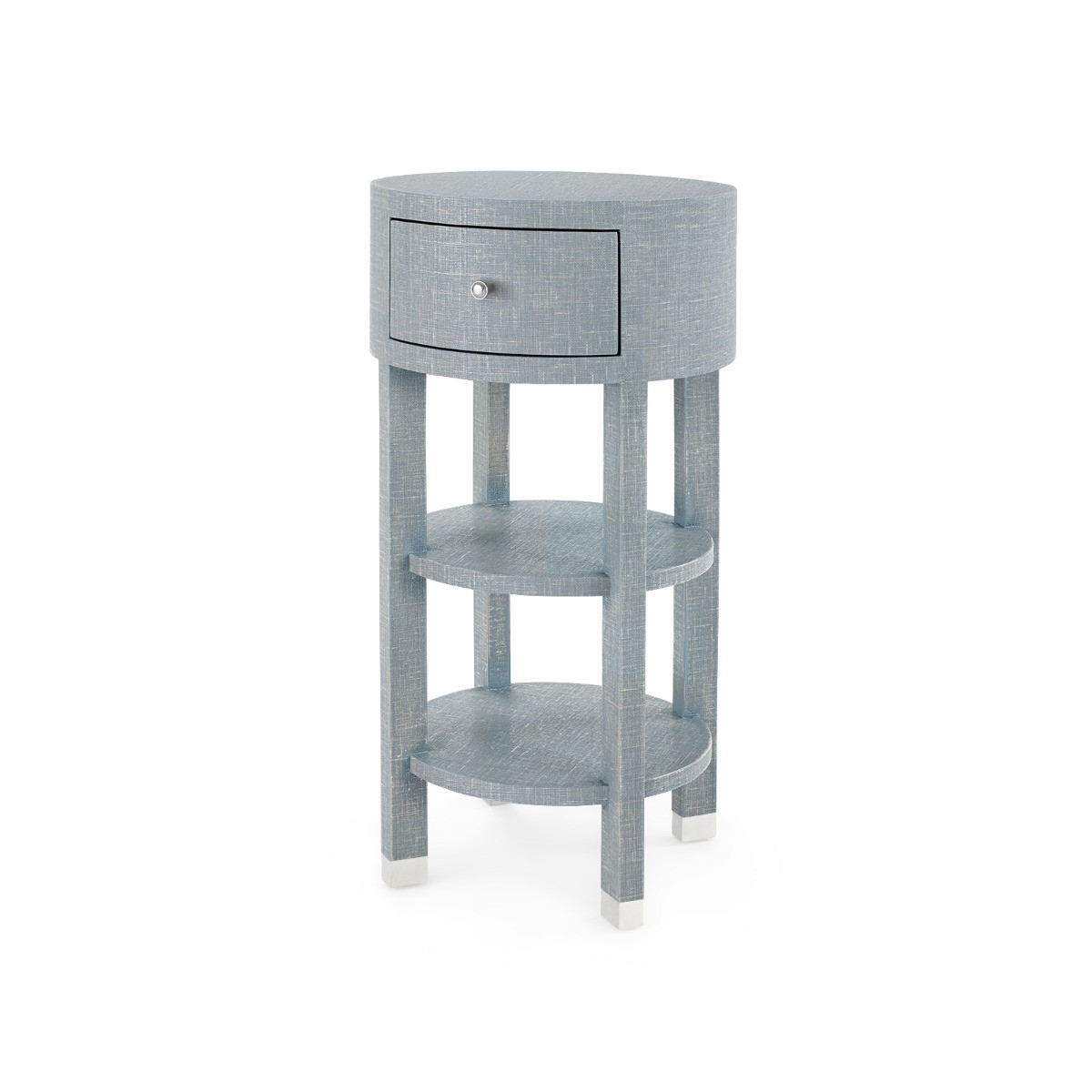 Claudette 1-Drawer Round Side Table, Washed Winter Gray, Nickel