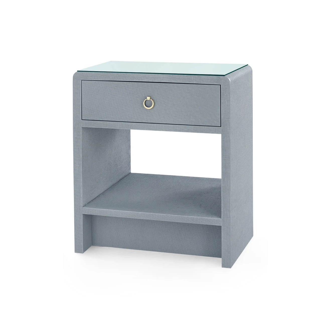 Benjamin Linen 1-Drawer Side Table with Glass Top, Winter Gray