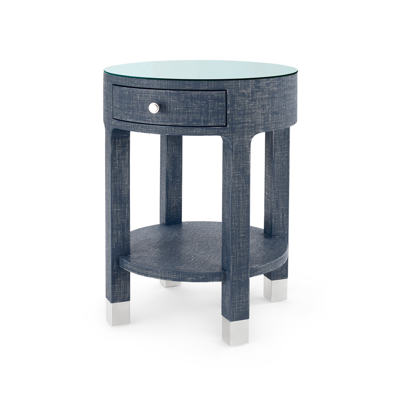 Dakota 1-Drawer Round Side Table with Glass Top, Washed Blue Steel
