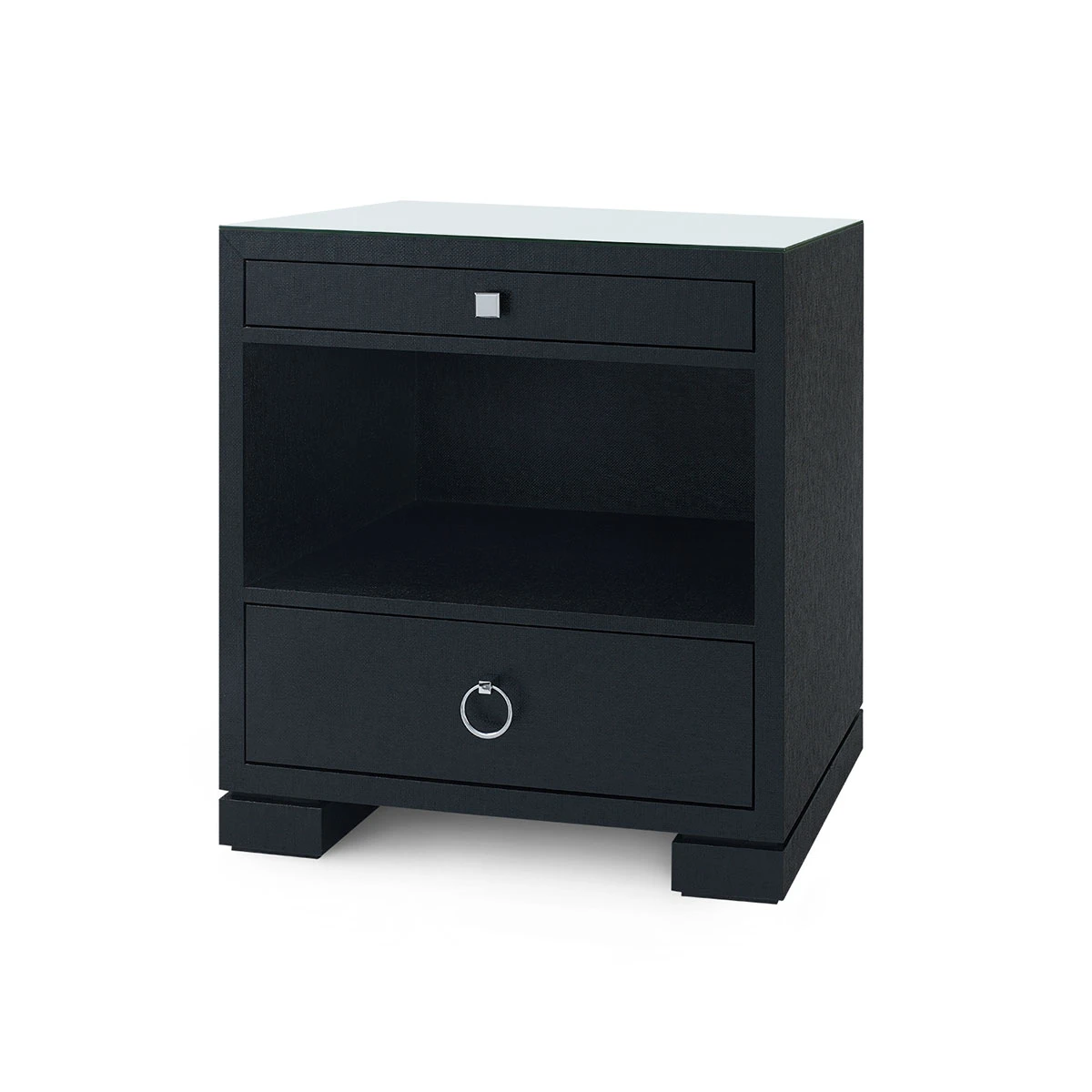 Frances 2-Drawer Side Table with Glass Top, Satin Black